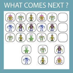 An educational activity for children - to make a logical chain of monsters. Which robots  is next?