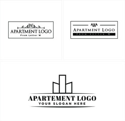 A set of apartment logo design with symbol swirl from letter W and building line art rectangle vector illustration. Isolated on white background