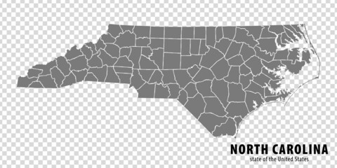 State North Carolina map on transparent background. Blank map of  North Carolina with  regions in gray for your web site design, logo, app, UI. USA. EPS10.