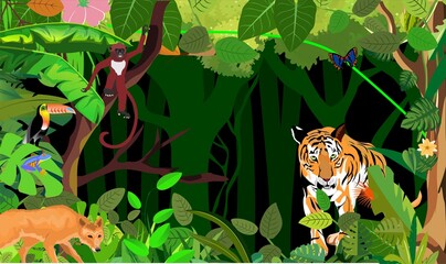 tiger and tropical birds and animals in the jungle, vector plants  background on black