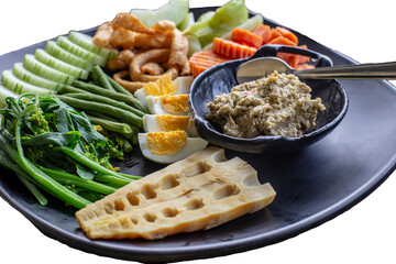 Chili Paste and Boiled Vegetables Set on white background. Thai food.