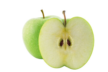Group of green apple fruits with half and leaf isolated on white background