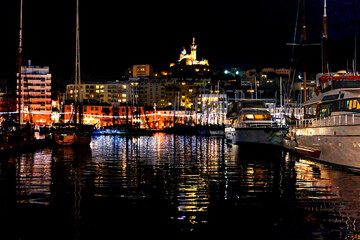 Yachts Boats Waterfront Night Reflection Church Marseille France