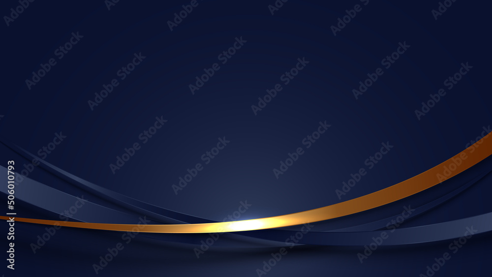 Wall mural banner web template abstract blue and golden curved lines overlapping layer design on dark blue back