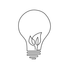 continuous line drawing of Light bulb with leaf on white background.