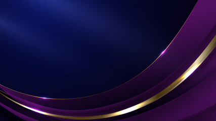 Abstract luxury template 3D purple and golden curved shapes layer with shine light on blue background