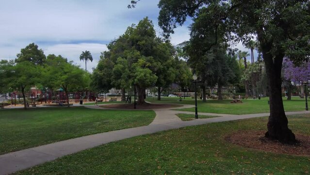 aerial footage of a park with gorgeous purple jacaranda trees and lush green trees, grass and plants with people sitting on benches and tall black light posts with buildings in the cityscape