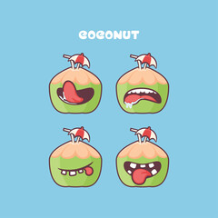 Coconut cartoon. fresh fruit vector illustration. with different mouth expressions