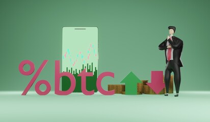 A man with bitcoin on a mobile app and stock market investment trading concept.3D rendering