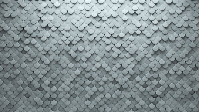3D, Polished Wall background with tiles. Fish Scale, tile Wallpaper with Concrete, Futuristic blocks. 3D Render