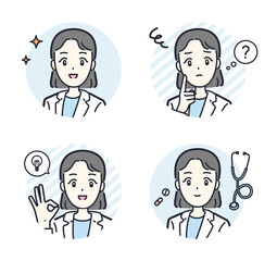 明るい表情と暗い表情の医者の顔とアイコンのイラストセット