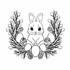 A small spring Easter bunny surrounded by willow branches, quail eggs, a feather and a nest, a white hare hand-drawn on a white background for printing, coloring cartoon symbol of the spring holiday