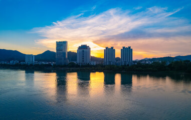 Fototapeta na wymiar Urban scenery on both sides of Fuchun River, Tonglu County, Zhejiang province, China