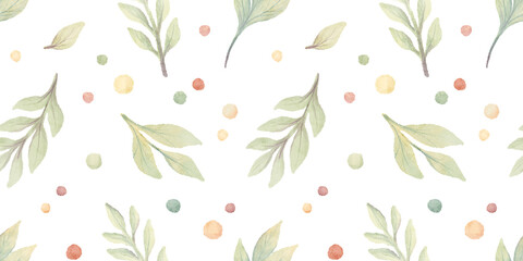 Watercolor floral hand drawn seamless pattern with illustration of simple branches, leaves, colorful polka dot. Spring elements isolated on white background. Nursery wallpaper fabric wrapping © rom-anni