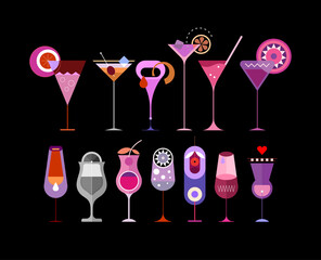 Large set of different cocktail glasses isolated on a dark background. Bundle of vector design elements.