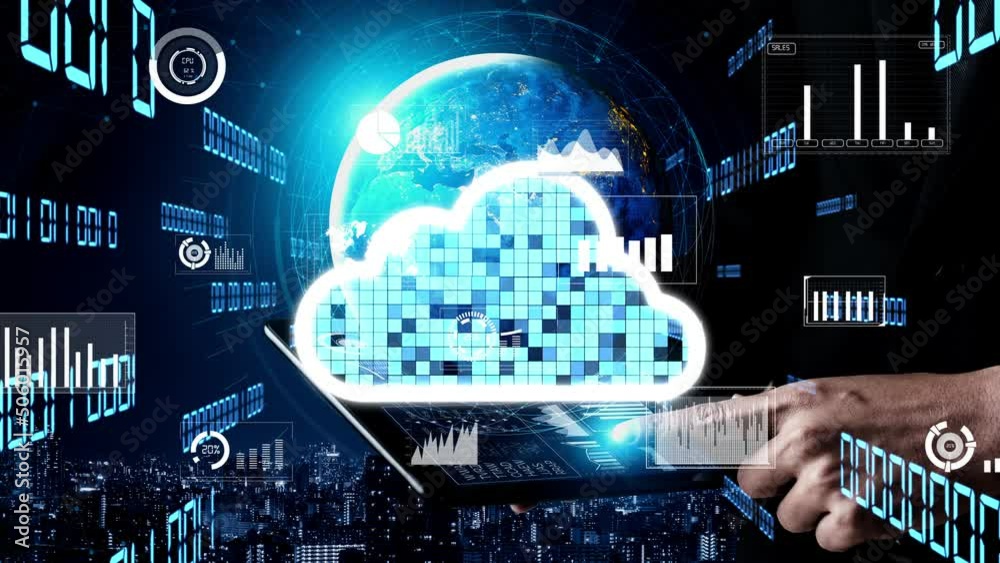 Poster conceptual cloud computing and data storage technology for future innovation . 3d render computer gr