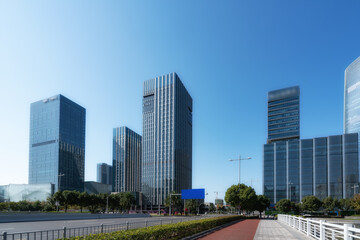Street view of modern buildings in Ningbo, China