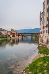 Fototapeta na wymiar View of the Alpini Bridge with the Brenta River in Bassano del Grappa, Vicenza, Veneto, Italy, Europe