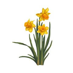 Bouquet of three daffodils isolated on white background. Botanical illustration
