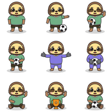 Vector illustration of Sloth characters playing soccer. Cute Sloth mascot playing football. Vector illustration bundle.