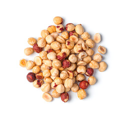 Hazelnut kernels are isolated on a white background. Side view.