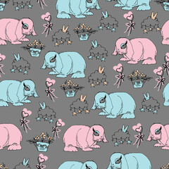 Cute funny pink and blue rabbits are located in a clearing with baskets of flowers. Seamless patterns for printing on textiles, packaging, stationery, backdrop, newspaper, postcard and scrapbook.