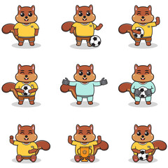 Vector illustration of Squirrel characters playing soccer. Cute Squirrel mascot playing football. Vector illustration bundle.