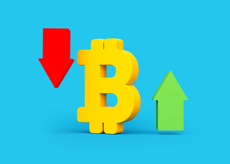 Yellow color bitcoin symbol, red and green arrows. On light blue color background. Horizontal composition. Isolated with clipping path.