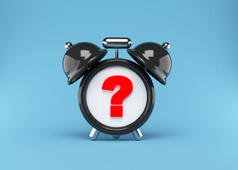 Black color clock and question symbol. On blue color background. Horizontal composition. Isolated with clipping path.