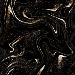 Luxury glossy wallpaper. Golden noise texture with wavy lines, seamless background. Liquid fluid pattern. Mixing of colors with black and golden glitter. Illustration