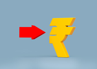 Yellow color rupee symbol and red arrow. On light grayish-blue color background. Horizontal composition. Isolated with clipping path.