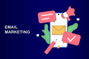 Email marketing template. Digital marketing, e-commerce, social media marketing, business mail, subscribe. 3d vector illustration concept for website and mobile development. Minimalist cartoon style.