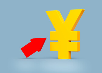 Obraz premium Yellow color yen symbol and red arrow. On light grayish-blue color background. Horizontal composition. Isolated with clipping path.