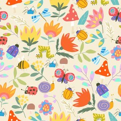 Seamless Pattern with Insects in Summer Plants and Flowers