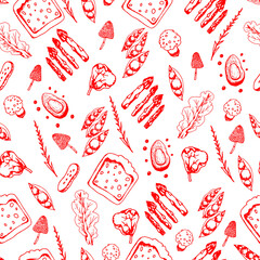 Vegetable patterns of avocado and lettuce for kitchen designs. Juicy vegetables and slices of bread intertwined in a seamless texture for printing on fabric and packaging.