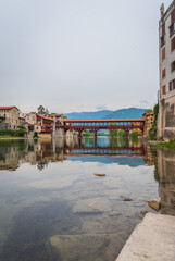 View of the Alpini Bridge with the Brenta River in Bassano del Grappa, Vicenza, Veneto, Italy, Europe