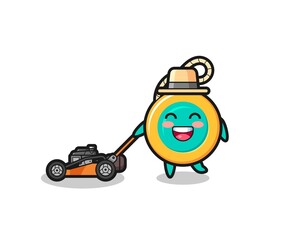 illustration of the yoyo character using lawn mower