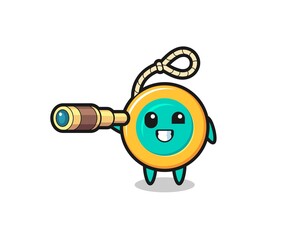 cute yoyo character is holding an old telescope