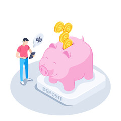 isometric vector illustration on a white background, a man with a smartphone stands next to a piggy bank into which golden coins with a dollar sign fall, income from a deposit