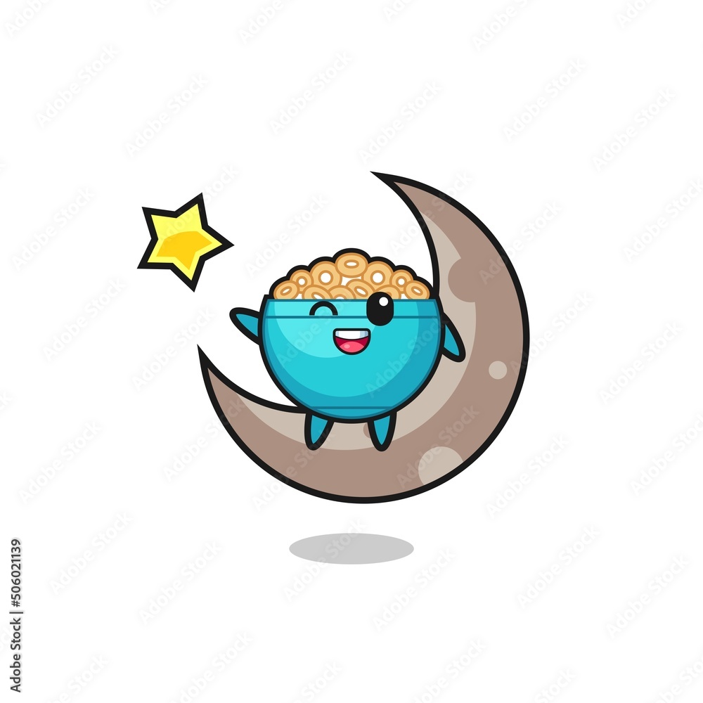 Poster illustration of cereal bowl cartoon sitting on the half moon