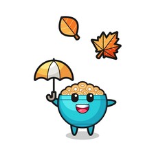 cartoon of the cute cereal bowl holding an umbrella in autumn