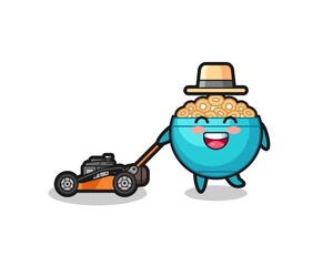 illustration of the cereal bowl character using lawn mower