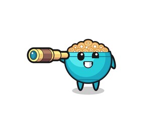 cute cereal bowl character is holding an old telescope