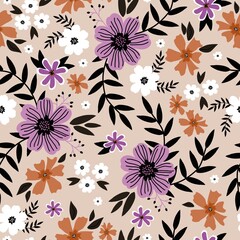 Simple vintage pattern. White, lilac and brown flowers, black leaves. Beige background. Fashionable print for textiles, wallpaper and packaging.