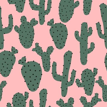 A simple pattern of cacti. Pink background. Fashionable print for textiles, wallpaper and packaging.