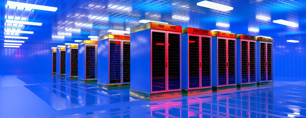 Fototapeta premium Servers. Servers room data center. Backup, mining, hosting, mainframe, farm and computer rack with storage information. 3d rendering