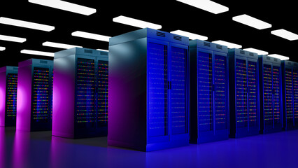 Obraz premium Servers. Servers room data center. Backup, mining, hosting, mainframe, farm and computer rack with storage information. 3d rendering