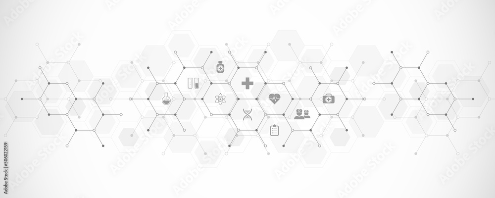 Wall mural medical background and healthcare technology with flat icons and symbols. design template of concept