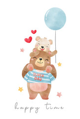 cute childhood with father, happy dad bear with kid teddy on father shoulder with balloons, father's day watercolor animal cartoon hand drawn vector