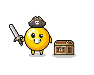 the egg yolk pirate character holding sword beside a treasure box